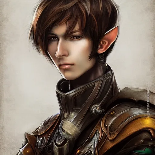 Image similar to portrait of an elf by ayami kojima, he is about 2 0 years old, russian, manly, short brown hair, slender and tall, friendly and smart, he is wearing a modern tactical gear, scifi, highly detailed portrait, digital painting, artstation, concept art, smooth, sharp foccus ilustration, artstation hq