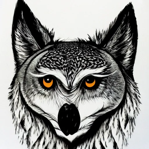 Prompt: mixture between an! owl and wolf, captured in a forest