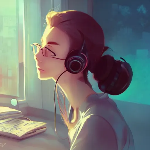 Image similar to attractive girl, hair in messy bun, wearing headphones, studying at desk, bedroom setting, golden hour, digital art, art by rossdraws, artgerm, anime scenery by Makoto Shinkai