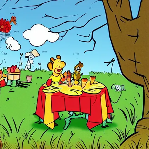 Prompt: illustration of zombie picnic in the style of Winnie the Pooh A. A. Milne