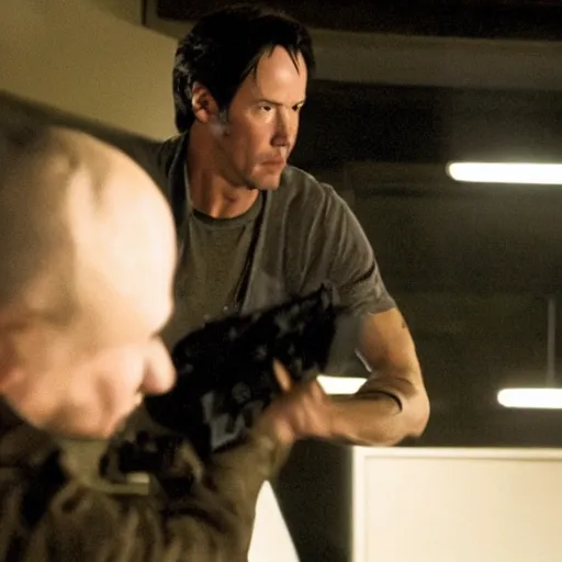 Prompt: movie still of keanu Reeves fighting Jack Bauer