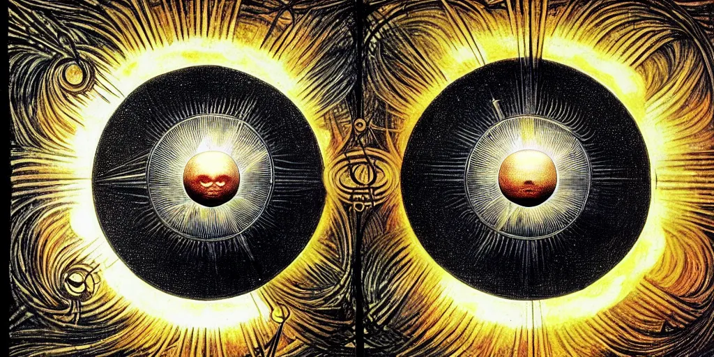 Image similar to a giant sun sings a unique canto about'as above so below'to the the moon, while being ignited by the spirit of haeckel and robert fludd, breakthrough is iminent, glory be to the magic within, in honor of saturn, painted by ronny khalil