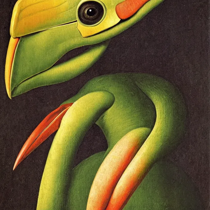 Image similar to close up portrait of a mutant monster creature with exotic toucan beak, twenty arachnid eyes, fair skin tone. by jan van eyck, audubon