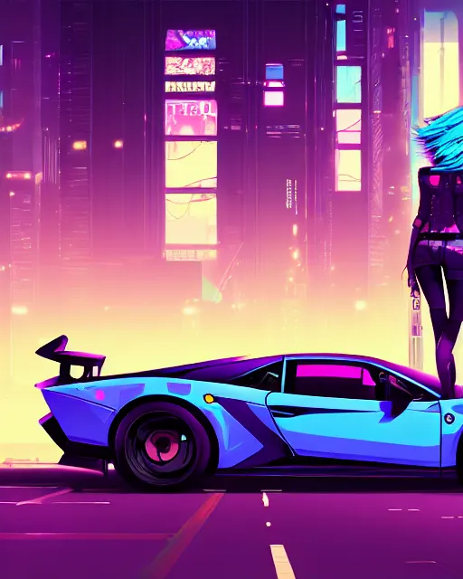 Image similar to digital illustration of cyberpunk pretty girl with blue hair, looking at a purple lamborghini, in junkyard at night, by makoto shinkai, ilya kuvshinov, lois van baarle, rossdraws, basquiat