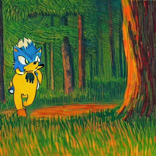 Prompt: sad painting of detailed sonic the hedgehog in the woods at night, in the style of studio ghibli and moebius and claude monet and edward hopper and vincent van gogh