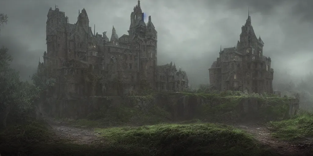 Prompt: matte painting, castle, dramatic landscape, overgrown, cinematic, overcast, interior light, rain, slight fog, artstation