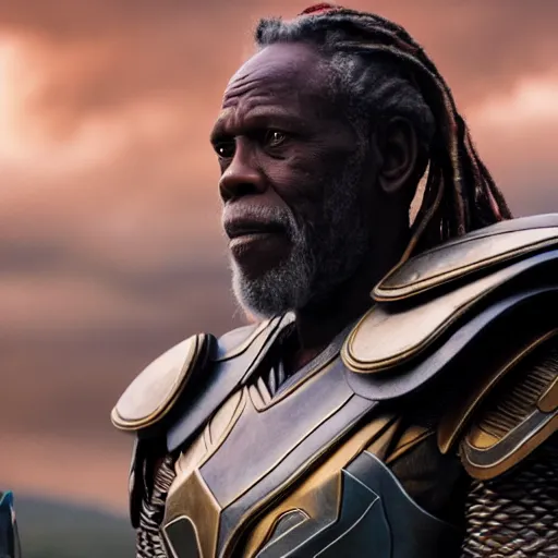 Image similar to film still of Danny Glover playing Heimdall in Thor, 4k