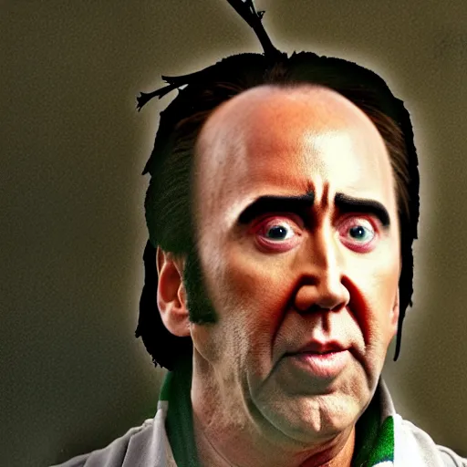 Image similar to nicolas cage wearing a wicker basket on head screaming a mouth full of peas