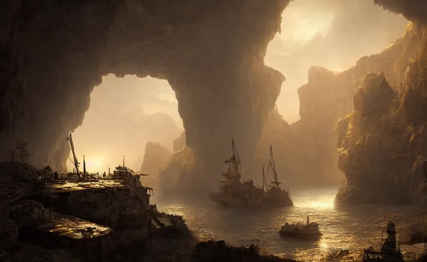 Image similar to A secret pirate town and harbor, in a cave. Underexposed, dark, centered. Atmospheric matte painting by Darek Zabrocki and Emmanuel Shiu, 4k ultra detailed, cinematic.