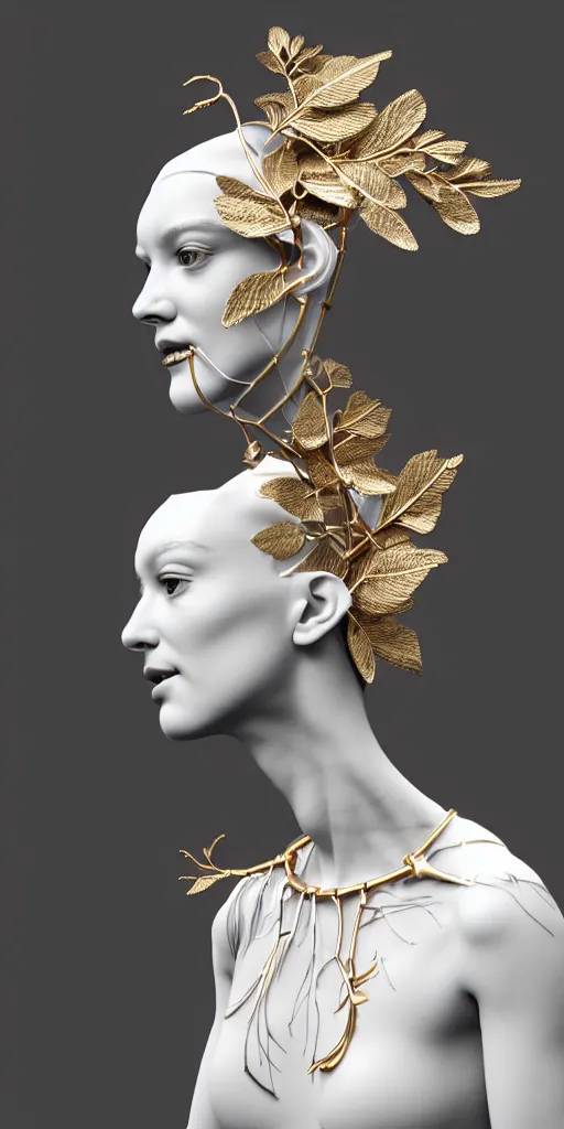 Prompt: complex 3d render ultra detailed of one single beautiful porcelain profile woman face, mechanical cyborg, 150 mm, accent lighting, beautiful studio soft light, rim light, silver gold red details, luxurious, magnolia big filigran ultra detailed leaves and stems, roots, Alexander Mcqueen haute couture, fine foliage lace, mesh wire, beautiful background, filigran intricate details, hyperrealistic, mandelbrot fractal, anatomical, silver metal armor, facial muscles, cable wires, microchip, elegant, white background, beautiful white teeth, beautiful lips, octane render, H.R. Giger style, 8k