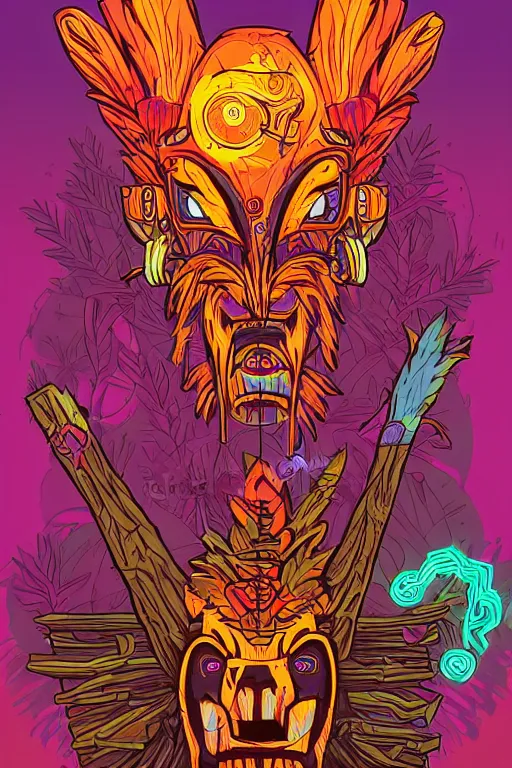 Image similar to totem animal mask tribal feather gemstone plant wood rock shaman vodoo video game vector illustration vivid color borderlands by josan gonzales and dan mumford radiating a glowing aura