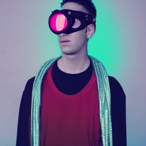 Image similar to kodak ektar 1 0 0 photograph of a cybergoth guy wearing goggles and eclectic jewelry, moody lighting, telephoto, 9 0 s vibe, blurred background, vaporwave colors, faded!,