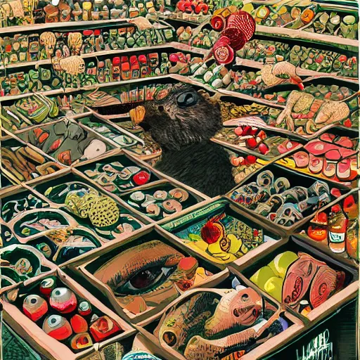 Prompt: funny market,detailed heye illustraion by Hugo Prades