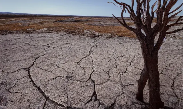 Image similar to medium shot of a crying ancient dried up Danu, peaceful, facing the camera and standing in front of a dried up river in a desolate land, dead trees, blue sky, hot and sunny, highly-detailed, elegant, dramatic lighting, artstation, 4k, cinematic landscape, photograph by Elisabeth Gadd