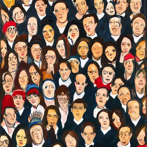 Image similar to Where's Waldo, in the style of Alice Neel painting