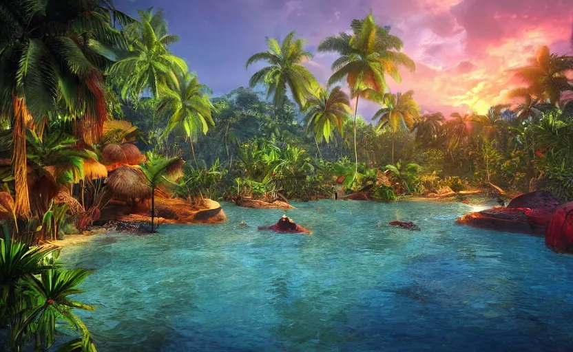 Prompt: a tropical resort in a jungle paradise, with a beautiful red and blue sunset, dynamic lighting, photorealistic fantasy concept art, trending on art station, stunning visuals, creative, cinematic, ultra detailed, ray tracing, sun rays, native tribes, wonderous waters, amazing detail