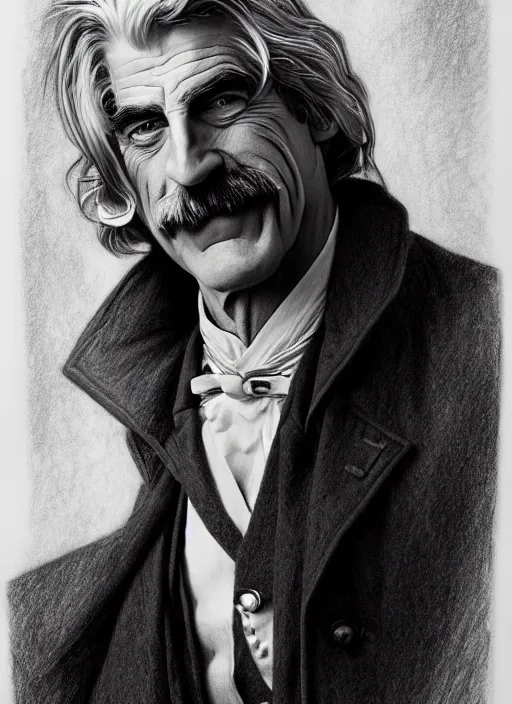 Image similar to hyperrealist pencil sketch of sam elliott as dracula by david malan and alphonse mucha, fantasy art, pencil hatching, dynamic lighting, artstation, poster, volumetric lighting, very detailed faces, 4 k, award winning