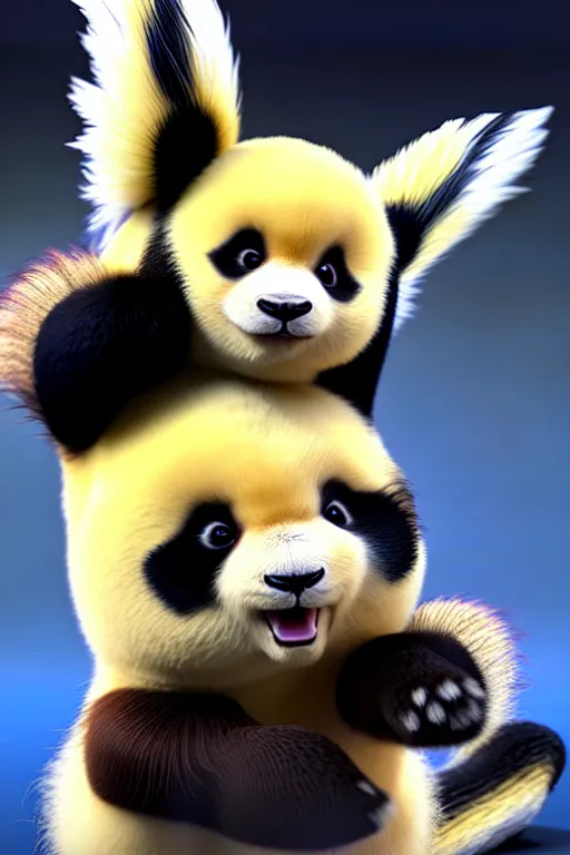 Image similar to high quality 3 d render hyperrealist very cute multicolor stripped fluffy! panda phoenix hybrid with wings!!!, highly detailed, vray smooth, in the style of detective pikachu, hannah yata charlie immer, dramatic blue light, low angle, uhd 8 k, sharp focus