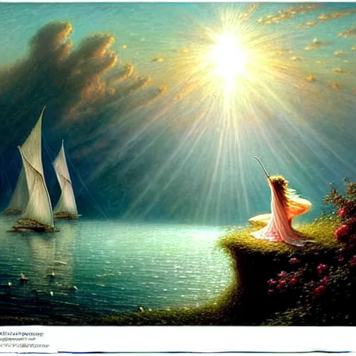 Image similar to an elegant fairy queen in a blue lace dress dancing looking out at a lord of the rings scenery landscape, staring across the sea at a white timber sail boat, sunrise, god's rays highly detailed, vivid colour, soft clouds, floral sunset, cinematic lighting, perfect composition, gustave dore, derek zabrocki, greg rutkowski, belsinski