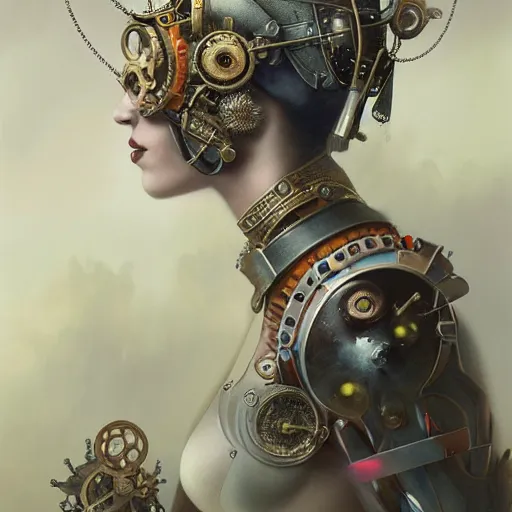Prompt: by tom bagshaw, photorealist vivid render of a carnival of curiosities marvel, single bald steampunk female in a full ornated armor, gears, cables, led, flying machinery, partial symmetry accurate features, very intricate details, focus, award winning, ultra dense fog, trending on behance