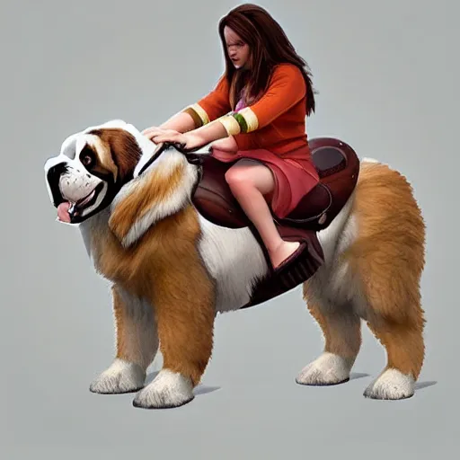 Prompt: girl riding a giant saint Bernard at the park that is catching a ball, trending on artstation