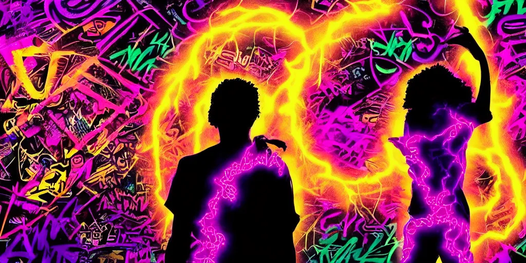 Image similar to rapper silhouetted against psychedelic lightning, silhouettes, digital art, vapor wave, hip hop, graffiti, trending on Artstation, professional artist, detailed, 4k