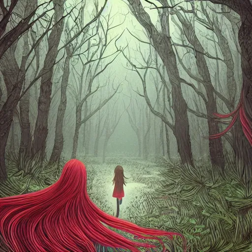 Image similar to a ultra detailed illustration of a red + haired + girl wandering alone in a mysterious forest in the style of thomke meyer and julia plath, on instagram, intricate, fantasy, hyperdetailed