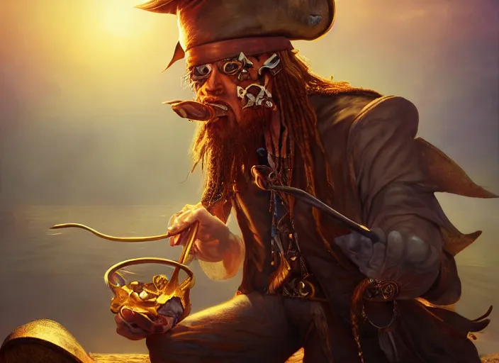 Prompt: a cool looking pirate eating magic mushroom, golden hour, fantasy, sharp focus, digital art, hyper realistic, 4 k, unreal engine, highly detailed, hd, dramatic lighting by brom, trending on artstation