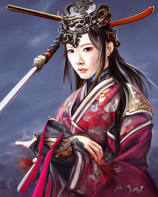 Prompt: taeyeon as oichi from sengoku basara , samurai warriors in the paintetly style of WLOP, artgerm, brush stroke oil painting, imagine fx, artstation