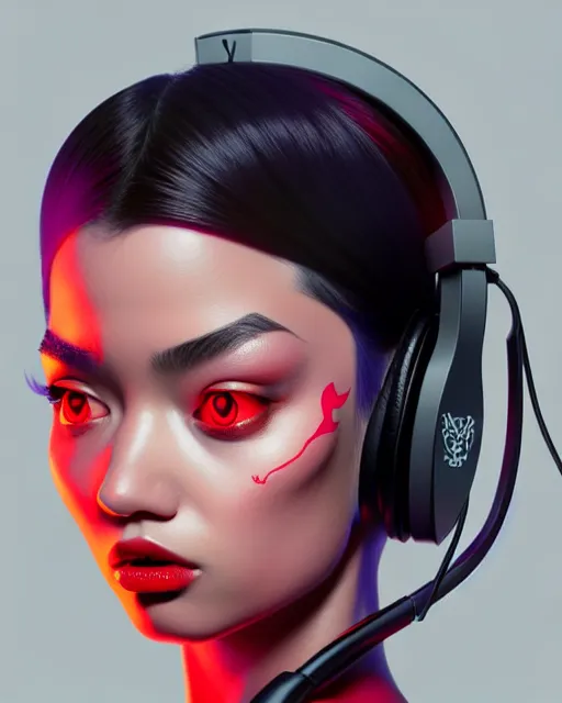 Image similar to richly detailed color illustration of a demon-listening-to-headphones illustrated by Artgerm and Mina Petrovic and Timothy Kong and Marina Federovna. 3D shadowing