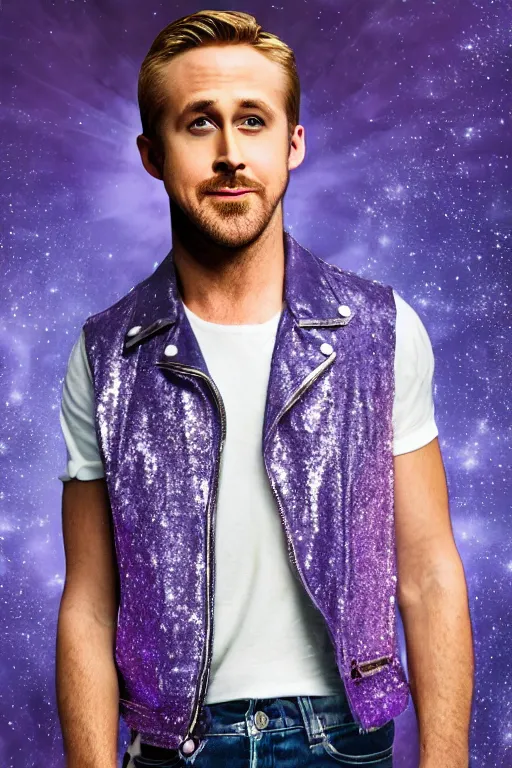 Image similar to Ryan Gosling with silver-violet hair, white eyes inflated press and denim glittery vest, wide lens, diorama, 4k,