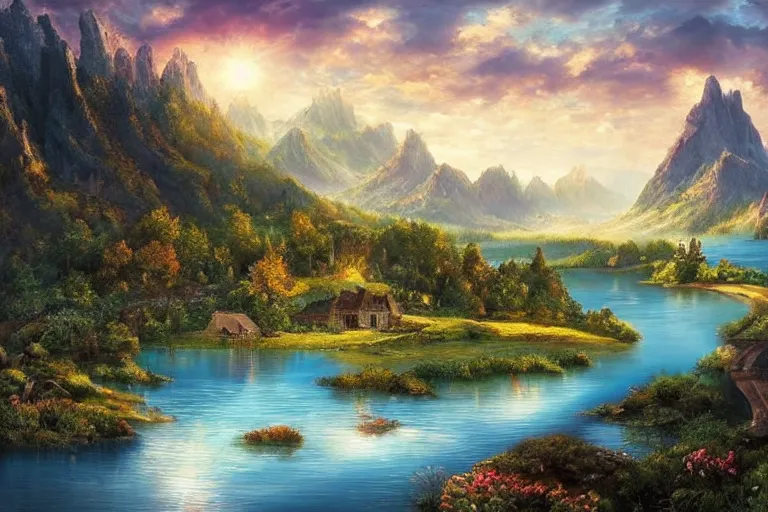 Prompt: a beautiful fantasy landscape with lakes and hills and mountains