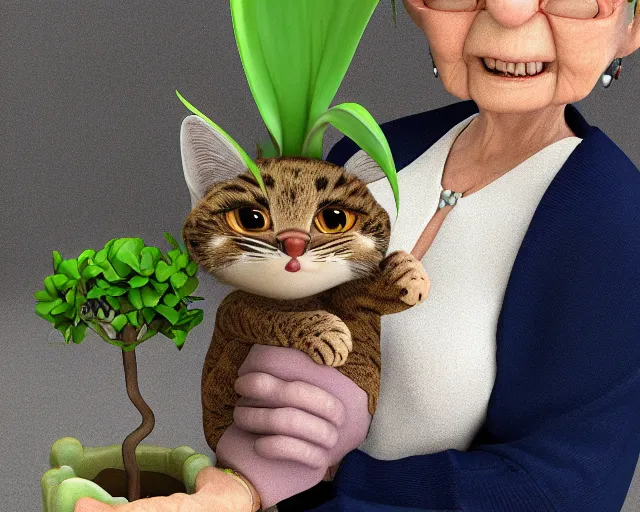 Image similar to detailed cartoon portrait of an old lady and her plant cat, pixar, sharp high quality 3d render