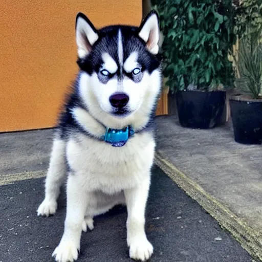 Prompt: a husky with black vest blue eyes