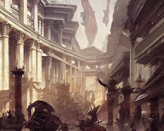 Image similar to a mall in the style of ancient imperial rome cities, art by greg rutkowski and artgerma, stunning concept art, interior design architecture