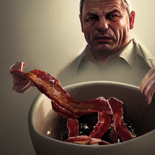 Prompt: viktor orban with realistic face sitting on the toilet and eating bacon by greg rutkowski, highly detailed, octane render, 4 k, 8 k, hdr, cgsociety, amazing lightning, masterpiece