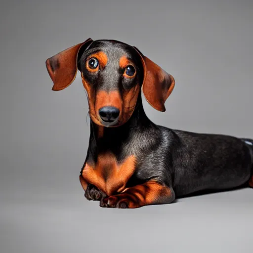Image similar to dachshund flexing biceps, photography, studio lighting