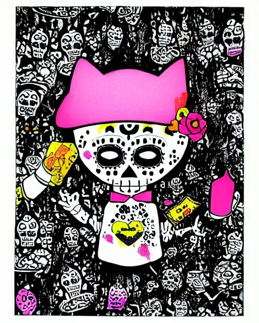 Image similar to day of the dead, cat, monotone pastel smoke, electric shock, a pen & ink, spray art, spatter and collage design, isolated on white rule of thirds, by BAPE and Alex Yanes, Juxtapoz Magazine