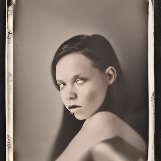 Image similar to fuji film, wetplate, motion blur, realistic character portrait photo of a beautiful woman, muted colours, by britt marling, glitter