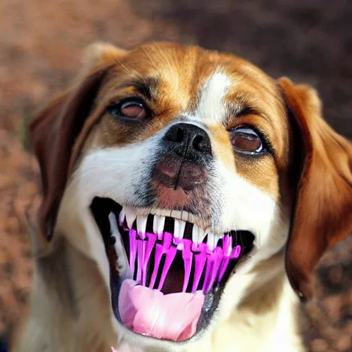 Prompt: dog with big human teeth smiling