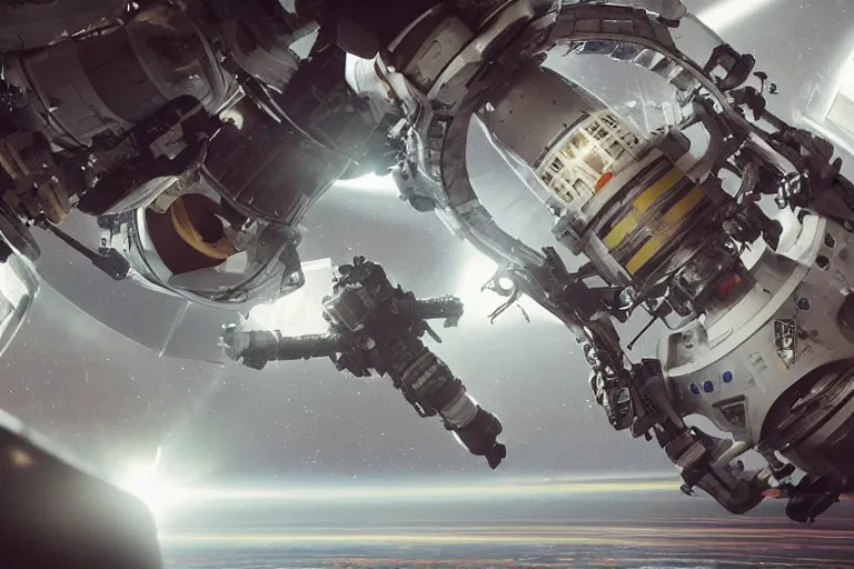 Prompt: photograph of sci-fi armored cosplay combat in space-station arena by Roger Deakins