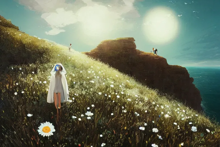 Image similar to giant white daisy flower under the head, girl walking on cliff, surreal photography, solar eclipse, milky way, dramatic light, impressionist painting, clouds, digital painting, artstation, james gilleard, liam wong, jeremy mann, simon stalenhag