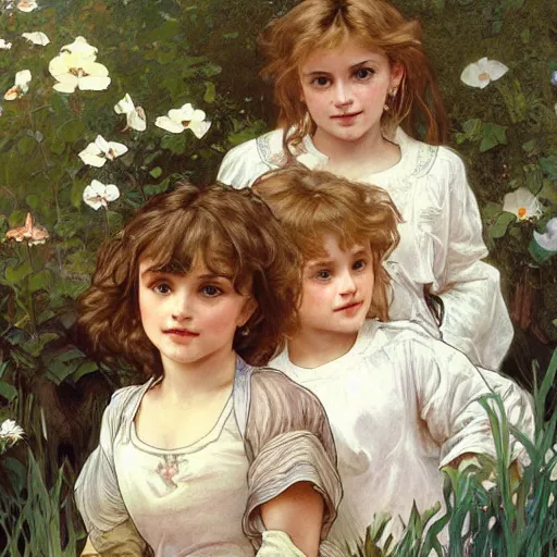 Prompt: a painting of two little children, two siblings, an older sister with curly brown hair and a younger brother with straight blonde hair. they are in a garden. beautiful highly detailed faces. art by artgerm and greg rutkowski and alphonse mucha.