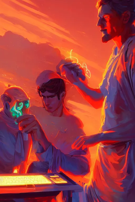 Image similar to the god hermes handing a man a computer on fire, the fire is made of binary code, digital painting bioluminance alena aenami artworks in 4 k design by lois van baarle by sung choi by john kirby artgerm style pascal blanche and magali villeneuve