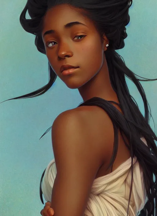 Image similar to pretty young black woman with shoulder length hair, path traced, highly detailed, high quality, digital painting, by studio ghibli and alphonse mucha, leesha hannigan, makoto shinkai, disney