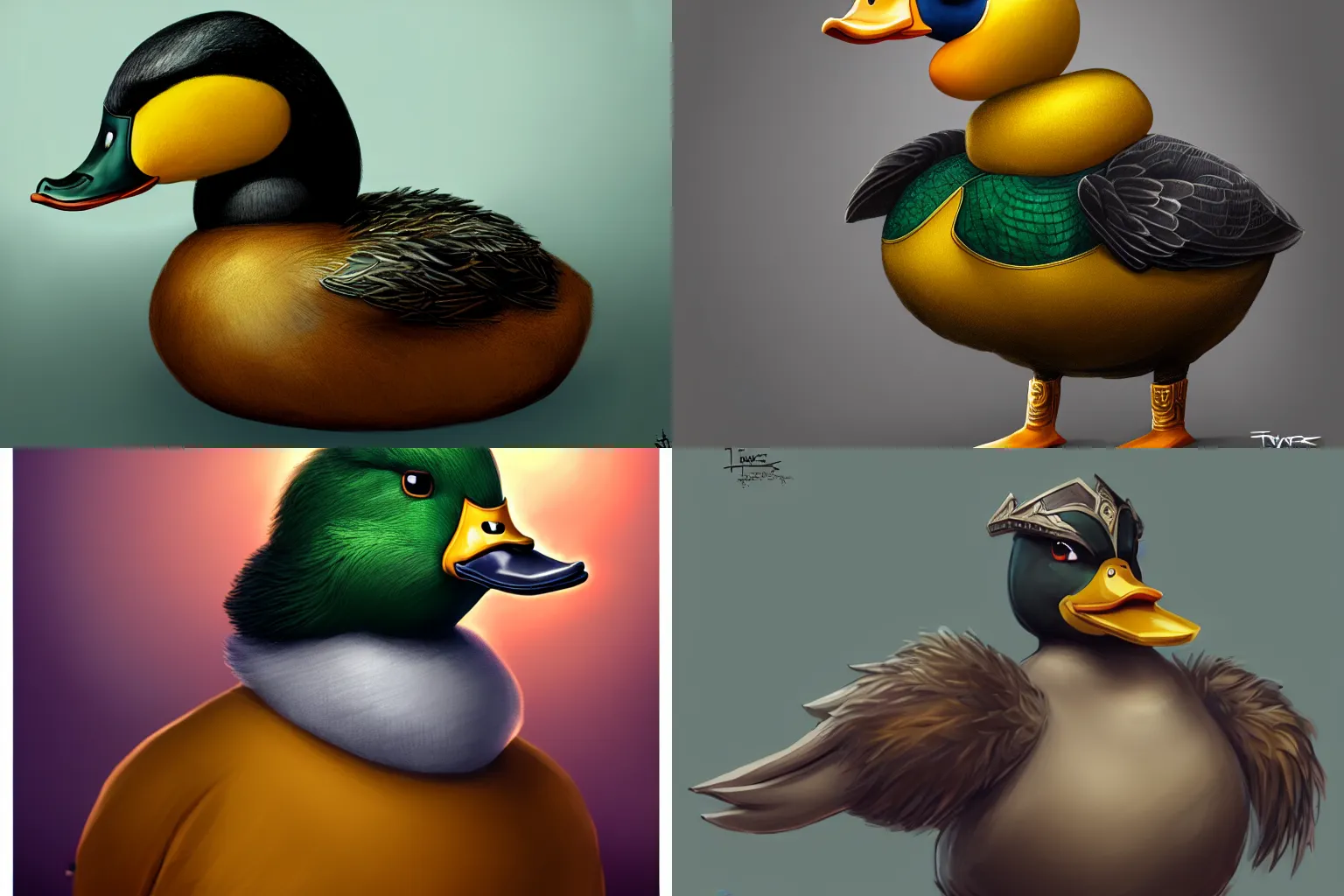 Prompt: haughty antropomorphic duck emperor, tyrant quack the duck, concept art, digital art, illustration, character design, ultra detailed, full body portrait, superior duck looks down upon you with contempt, pov, cgsociety, dramatic angle, vfx, cinematic lighting, hdr, 8 k, surreal, anthropomorphic