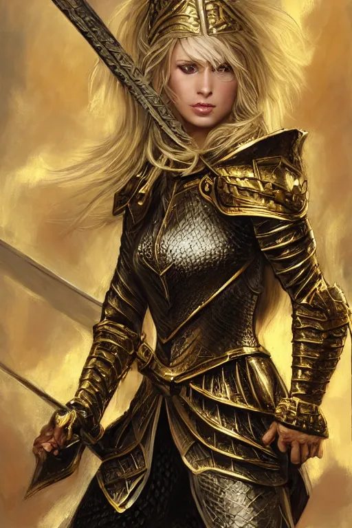 Prompt: Gorgeous Blond Lady Knight in an ornamental Gold and Black armor, straight hair, very detailed face, epic fantasy, matte painting, by Frank Franzetta, trending on Artstation, trending on Deviantart, artstationHQ, cgscoiety, artstationHD, full color, ultra HD, 8k