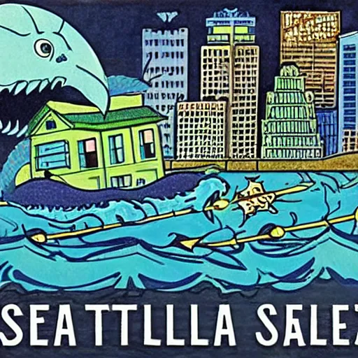 Prompt: the city of seattle attacked by a sea monster