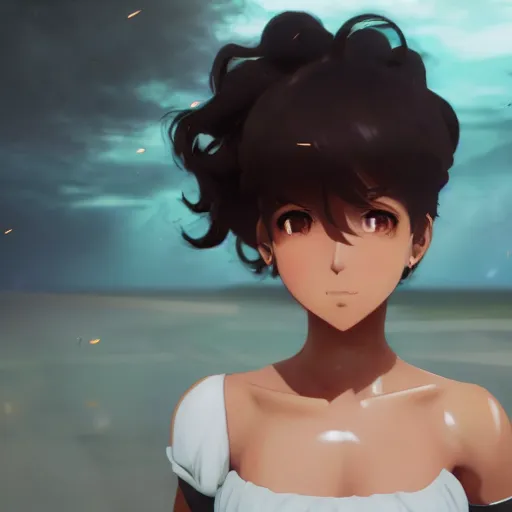 Prompt: a beautiful 3d brown anime girl, brown skin, black curly hair, Cinematic lighting, medium shot, mid-shot, in a anime masterpiece, highly detailed, Trending on artstation, unreal engine 4k, Cinematic wallpaper