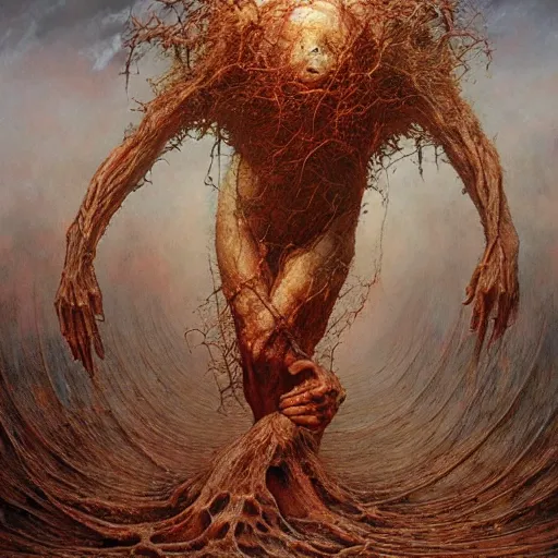 Image similar to the divine wrath of god, body horror, biopunk, oil on canvas, creative design, by zdzisław beksinski, marco mazzoni, peter gric